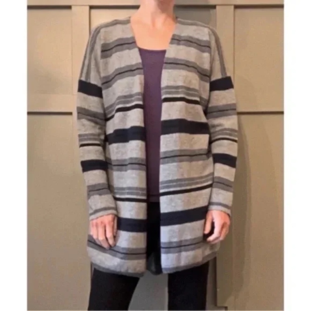 Derek Lam 10 Crosby Striped Wool Open Front Cardigan Sweater Gray Black Large